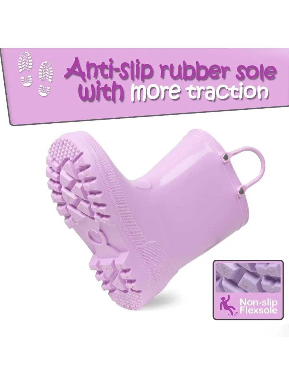 K KomForme Big Kids Size 2 Lavender Rain Boots With Handles & Removable Insole